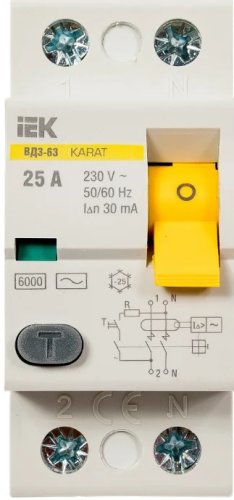 Выключатель дифференциального тока УЗО IEK KARAT ВД3-63 2п 25А 30мА 6,кА тип AC фото Выключатель дифференциального тока УЗО IEK KARAT ВД3-63 2п 25А 30мА 6,кА тип AC картинка
